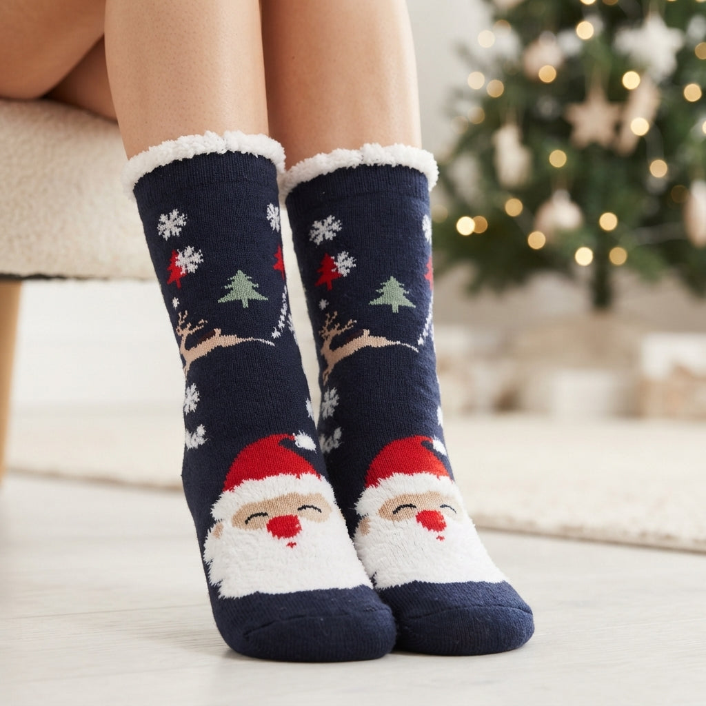 Frosty Sole | Chaussettes de Noël bleu marine à motif de père Noël pour femmes