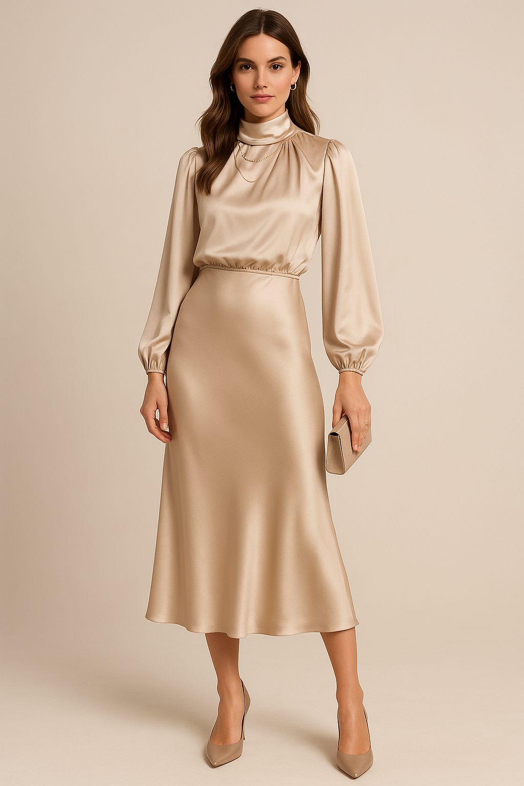 Genevieve Whitmore | Women’s High Neck Midi Wedding Dress – Elegant High Waist Silhouette