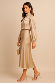 Genevieve Whitmore | Women’s High Neck Midi Wedding Dress – Elegant High Waist Silhouette