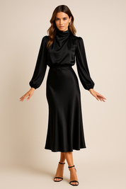 Genevieve Whitmore | Women’s High Neck Midi Wedding Dress – Elegant High Waist Silhouette