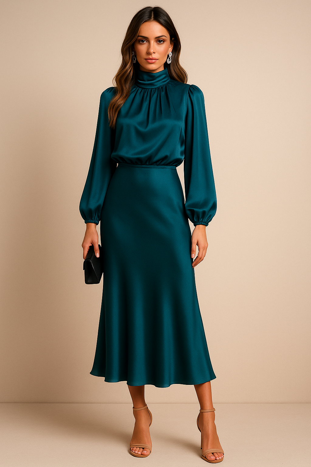 Genevieve Whitmore | Women’s High Neck Midi Wedding Dress – Elegant High Waist Silhouette