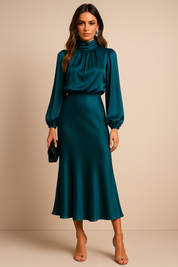 Genevieve Whitmore | Women’s High Neck Midi Wedding Dress – Elegant High Waist Silhouette