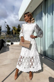 Geneviève Vidal | Lace High Neck Wedding Guest Midi Dress For Women