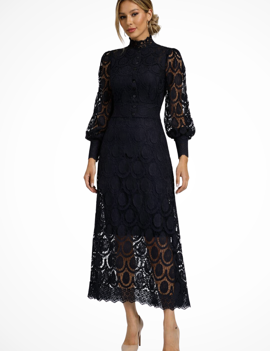 Geneviève Vidal | Lace High Neck Wedding Guest Midi Dress For Women