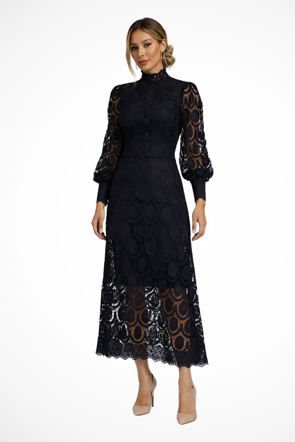 Geneviève Vidal | Lace High Neck Wedding Guest Midi Dress For Women