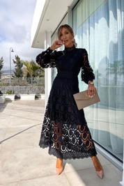 Geneviève Vidal | Lace High Neck Wedding Guest Midi Dress For Women