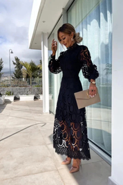 Geneviève Vidal | Lace High Neck Wedding Guest Midi Dress For Women