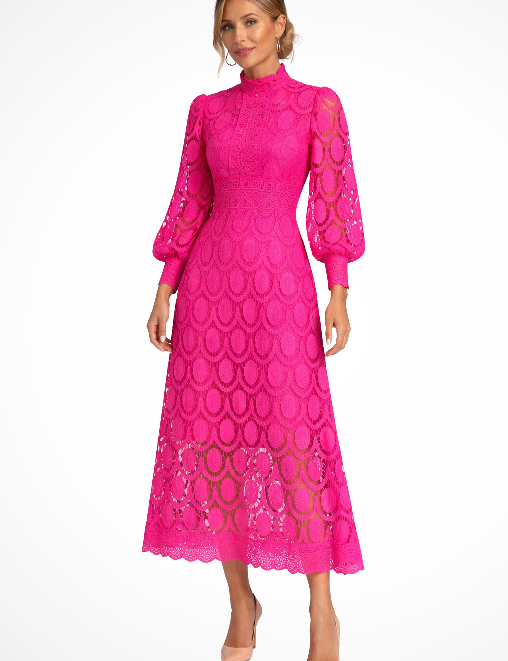 Geneviève Vidal | Lace High Neck Wedding Guest Midi Dress For Women