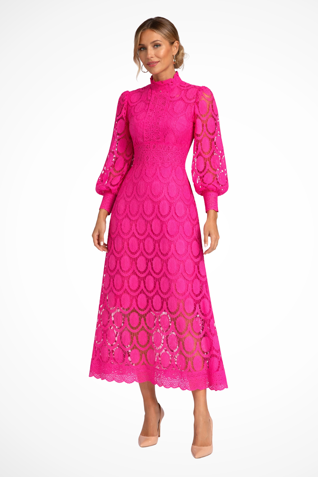 Geneviève Vidal | Lace High Neck Wedding Guest Midi Dress For Women