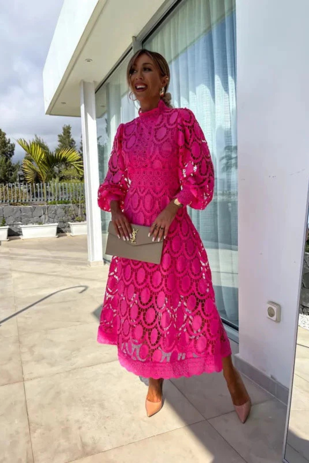 Geneviève Vidal | Lace High Neck Wedding Guest Midi Dress For Women