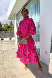 Geneviève Vidal | Lace High Neck Wedding Guest Midi Dress For Women