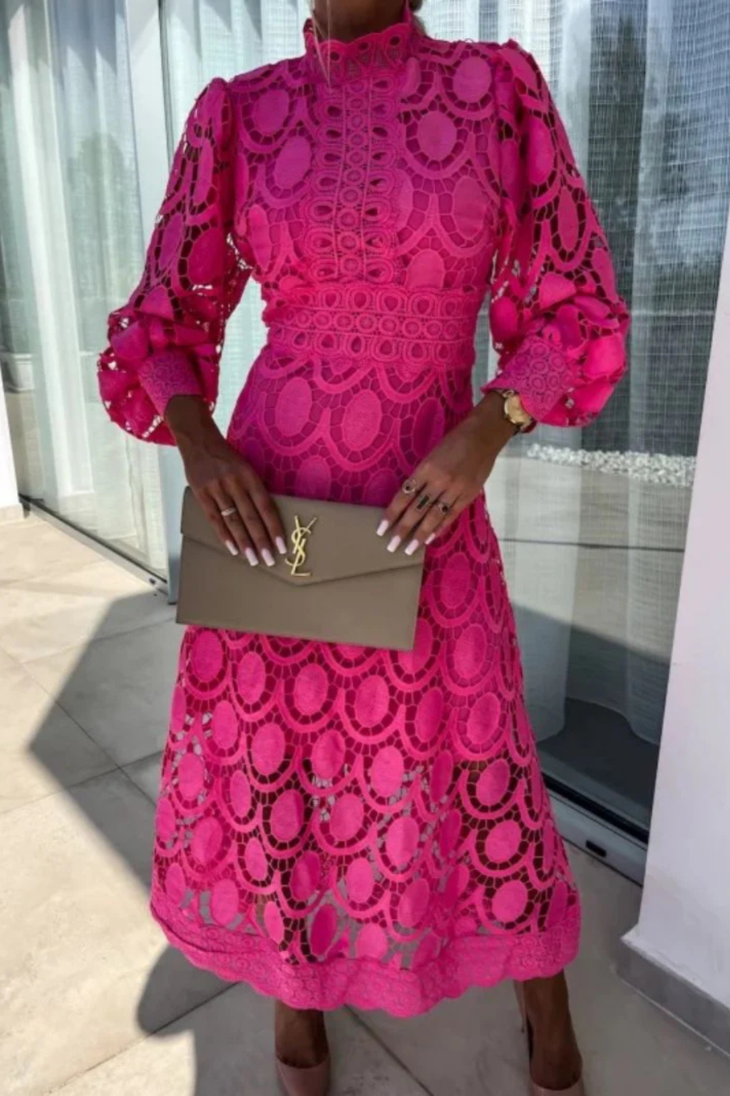 Geneviève Vidal | Lace High Neck Wedding Guest Midi Dress For Women