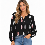 Georgia Marlowe | Feather Print Blouse With Bishop Sleeves