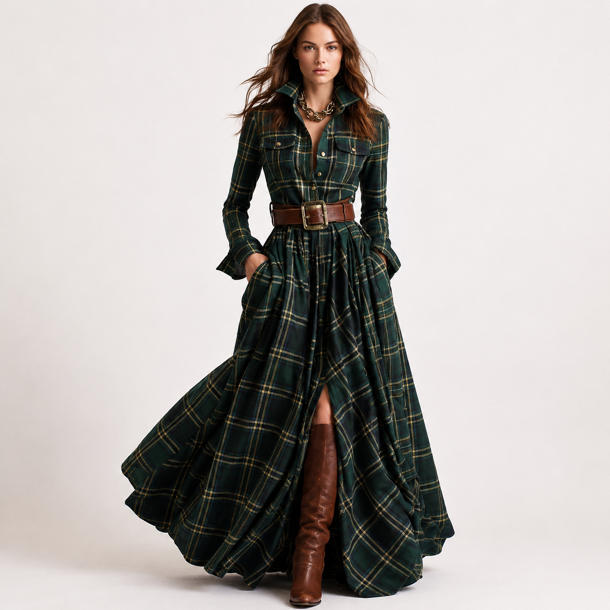 Georgina Thornton | Robe-chemise longue à carreaux tartan avec ceinture