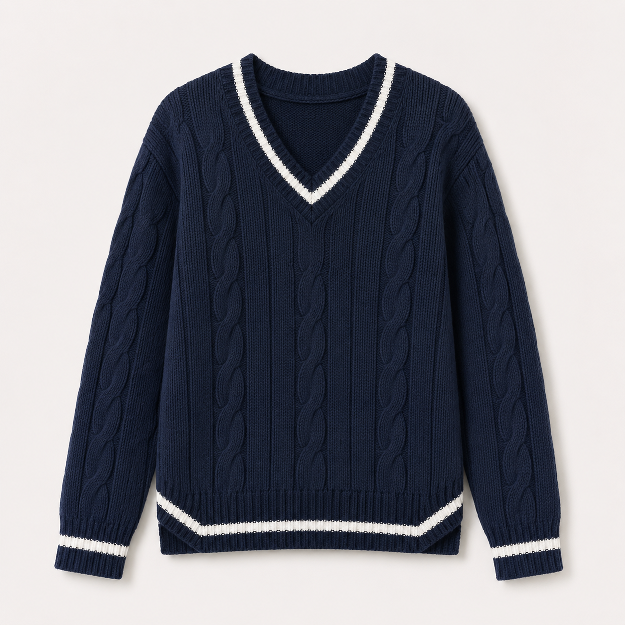 Georgina Wells | Cable Knit V-Neck Sweater with Varsity Trim