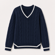 Georgina Wells | Cable Knit V-Neck Sweater with Varsity Trim