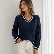 Georgina Wells | Cable Knit V-Neck Sweater with Varsity Trim
