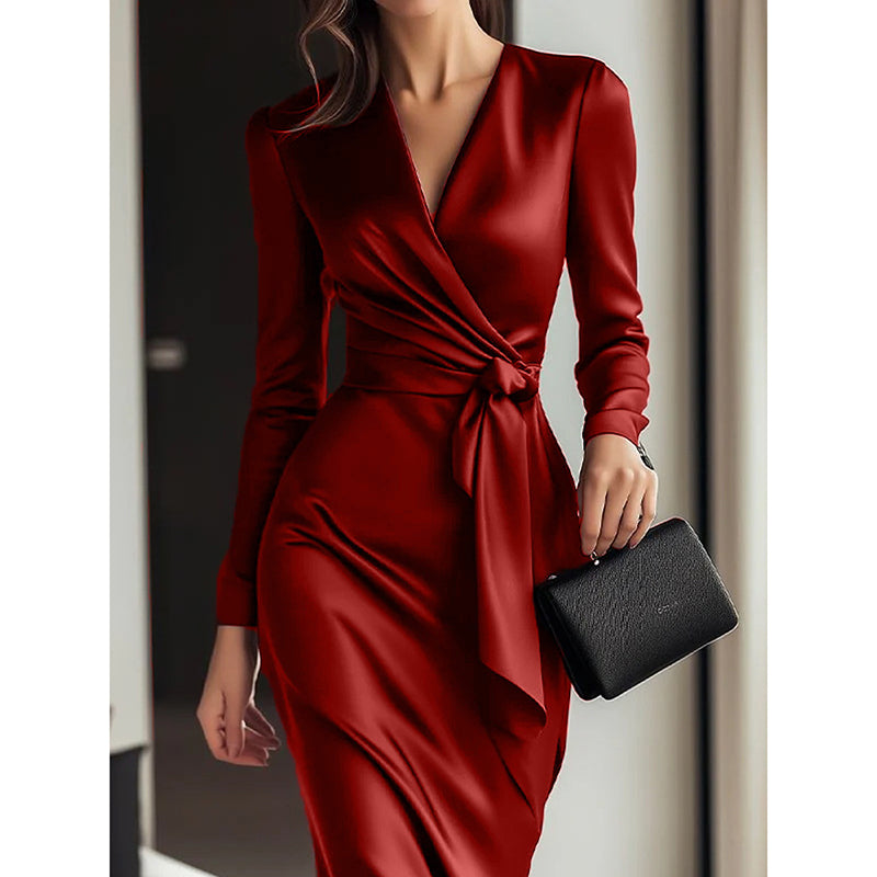 Giulia Fontane | Satin Bodycon Dress with Belt in Burgundy Red