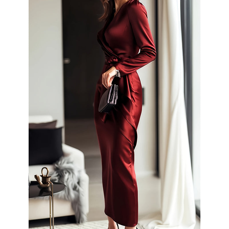 Giulia Fontane | Satin Bodycon Dress with Belt in Burgundy Red
