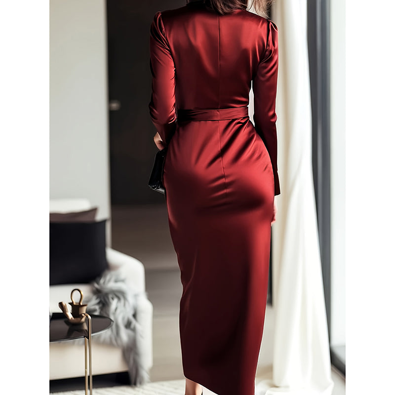 Giulia Fontane | Satin Bodycon Dress with Belt in Burgundy Red