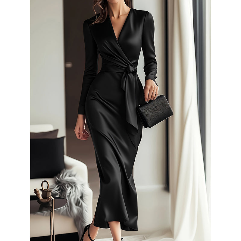 Giulia Fontane | Satin Bodycon Dress with Belt in Burgundy Red