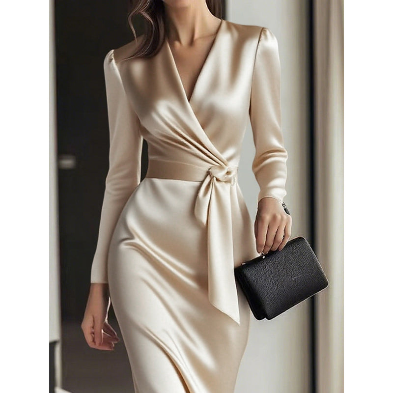 Giulia Fontane | Satin Bodycon Dress with Belt in Burgundy Red