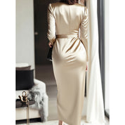 Giulia Fontane | Satin Bodycon Dress with Belt in Burgundy Red