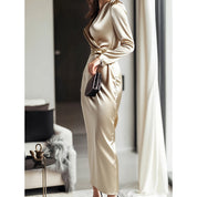 Giulia Fontane | Satin Bodycon Dress with Belt in Burgundy Red