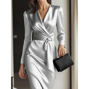 Giulia Fontane | Satin Bodycon Dress with Belt in Burgundy Red