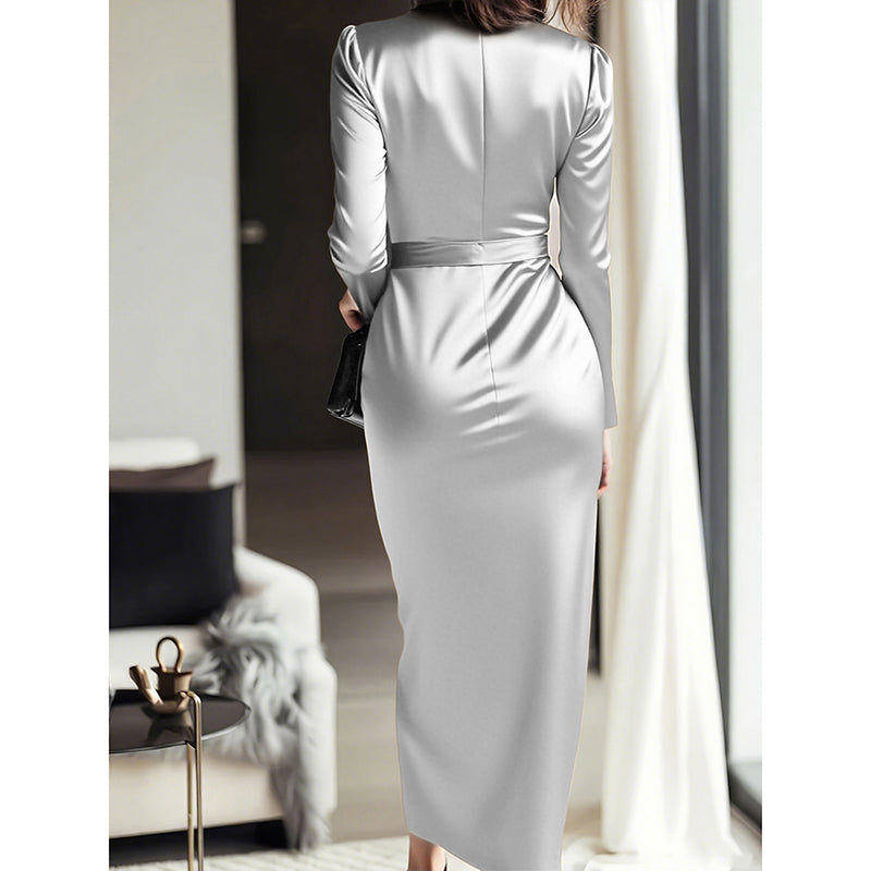 Giulia Fontane | Satin Bodycon Dress with Belt in Burgundy Red