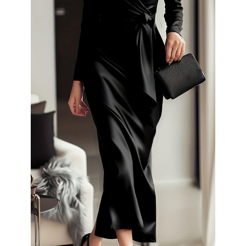 Giulia Fontane | Satin Bodycon Dress with Belt in Burgundy Red