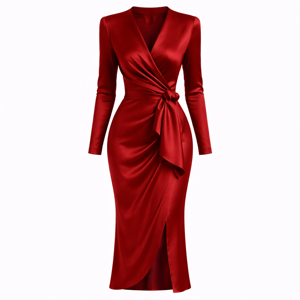 Giulia Fontane | Satin Bodycon Dress with Belt in Burgundy Red