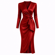 Giulia Fontane | Satin Bodycon Dress with Belt in Burgundy Red