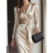Giulia Fontane | Satin Bodycon Dress with Belt in Burgundy Red