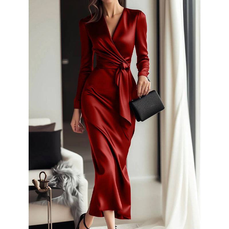 Giulia Fontane | Satin Bodycon Dress with Belt in Burgundy Red