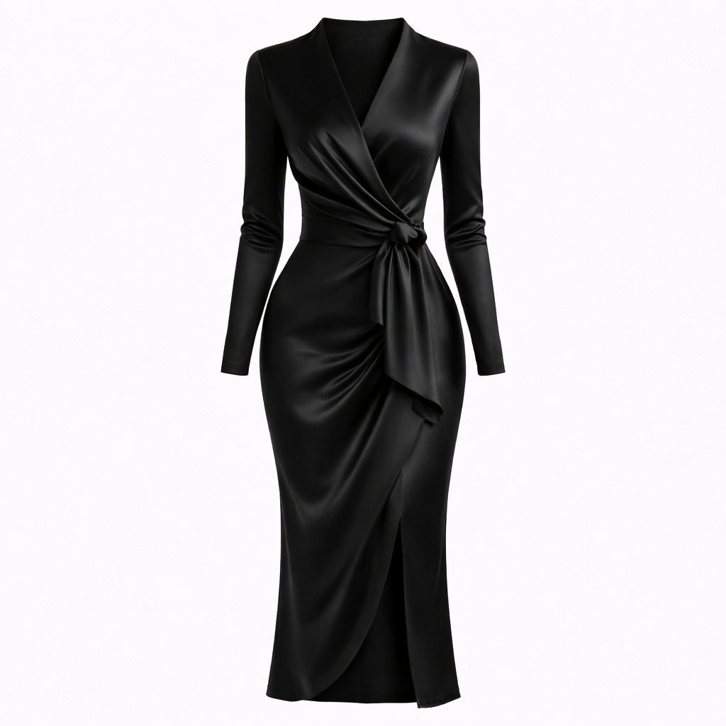 Giulia Fontane | Satin Bodycon Dress with Belt in Burgundy Red