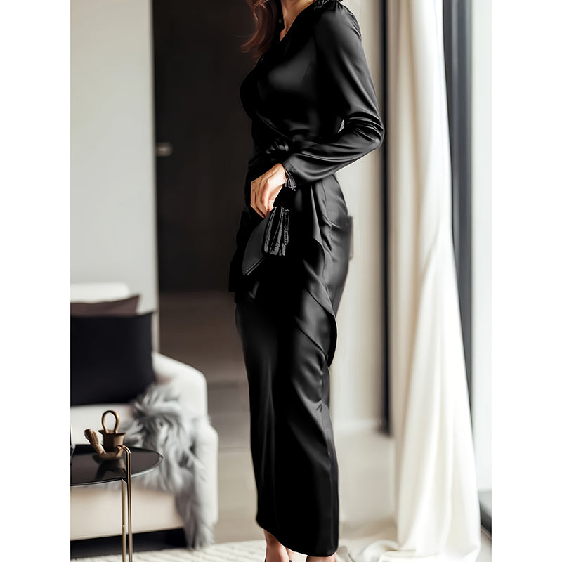 Giulia Fontane | Satin Bodycon Dress with Belt in Burgundy Red
