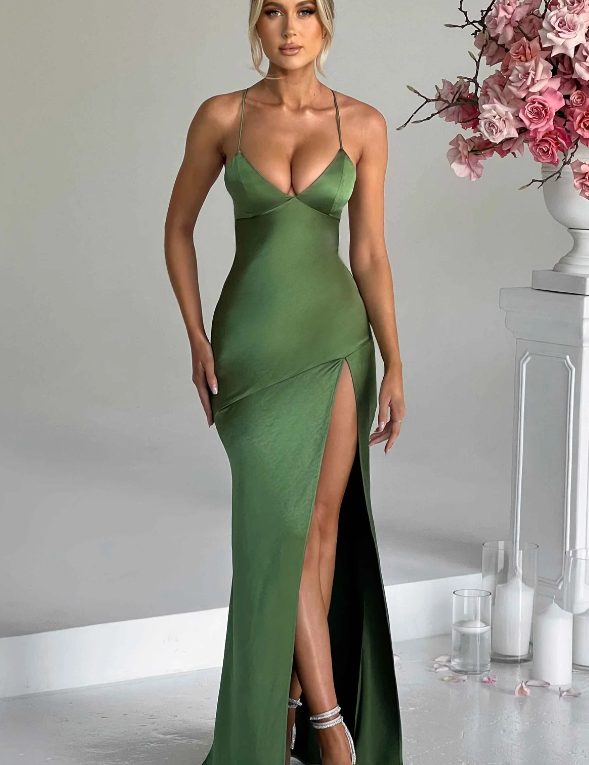 Grace Parker | Satin Halter Neck Slit Maxi Dress