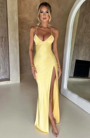 Grace Parker | Satin Halter Neck Slit Maxi Dress