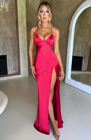 Grace Parker | Satin Halter Neck Slit Maxi Dress