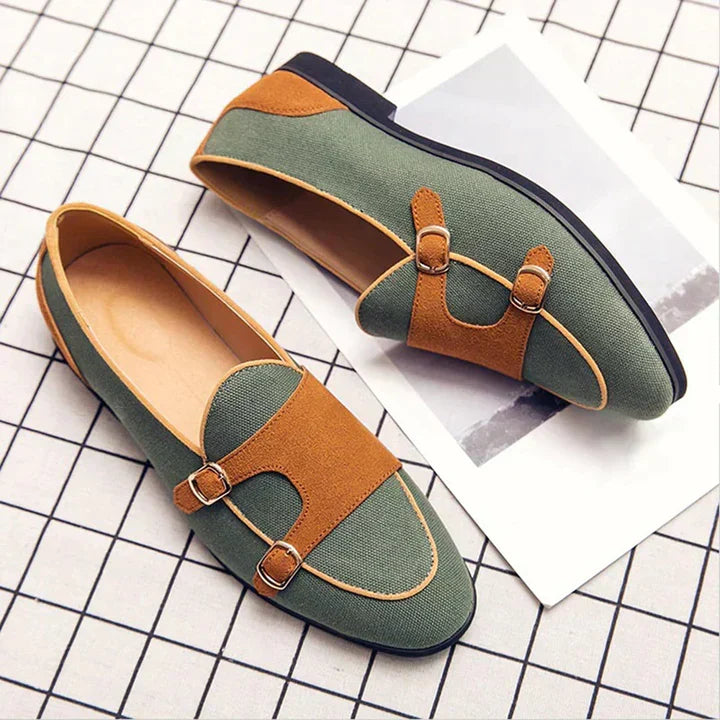 Rupert Sanderson | Men's Canvas & Suede Monk Strap Loafers in Sage Green
