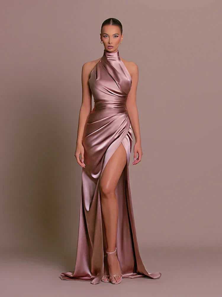 Harper Anderson | Satin High Neck Slit Maxi Dress