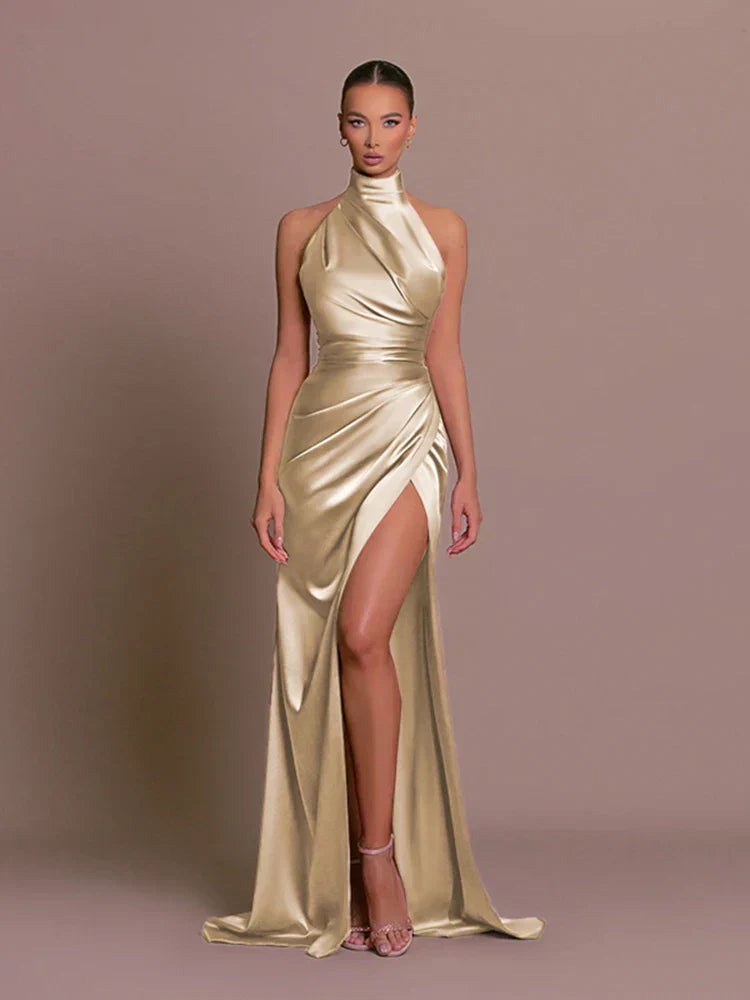 Harper Anderson | Satin High Neck Slit Maxi Dress