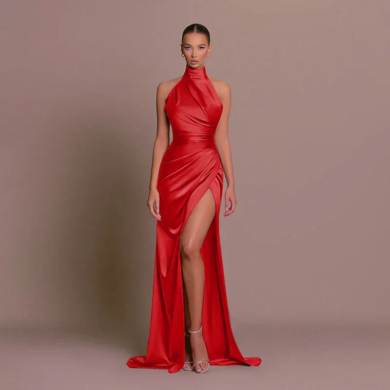 Harper Anderson | Satin High Neck Slit Maxi Dress