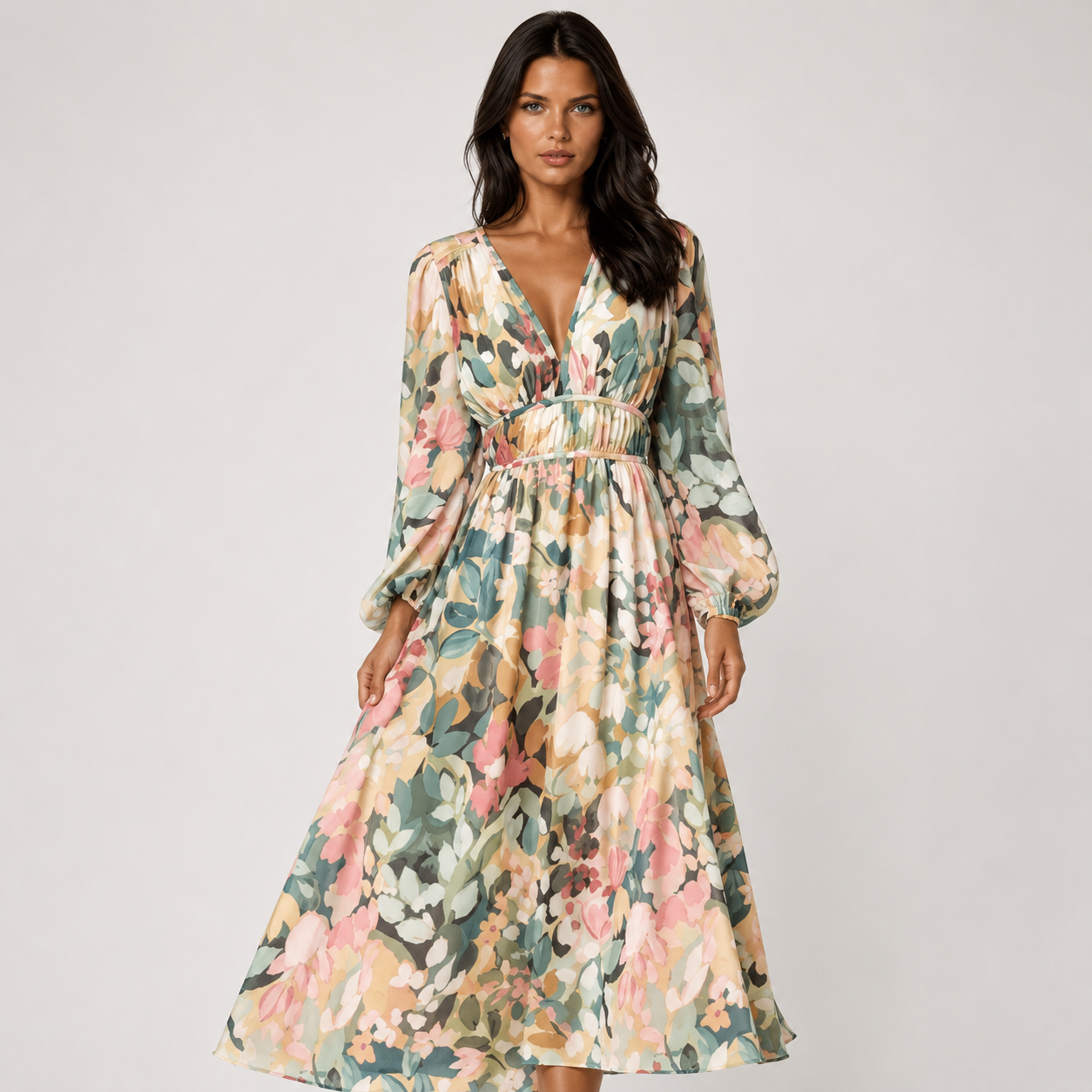 Harriet Stanton | Floral Chiffon Midi Dress with Elasticated Waist