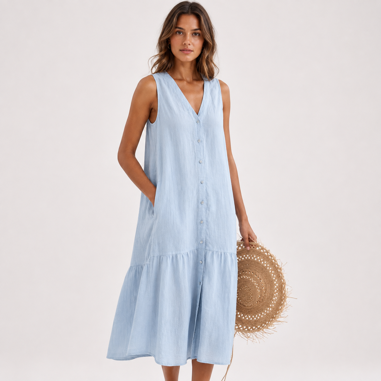 Harriet Stone | Linen Sleeveless Midi Shirt Dress with Button Front