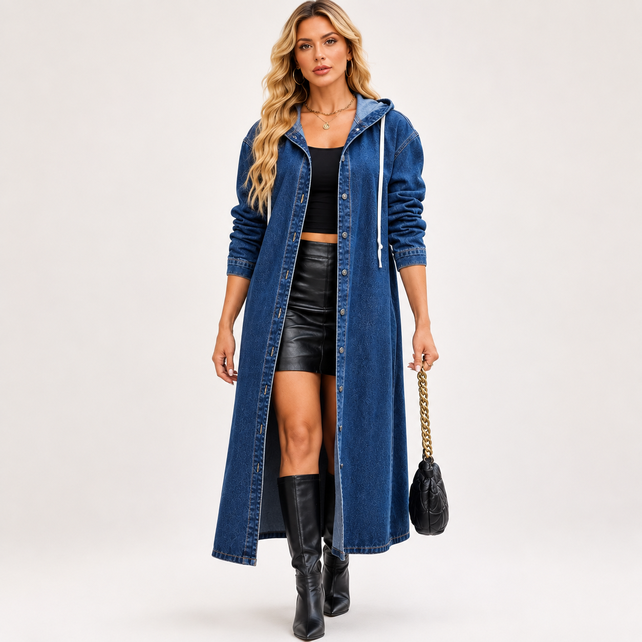 Harriet Weston | Trench-coat long en jean à capuche – Luxe streetwear décontracté