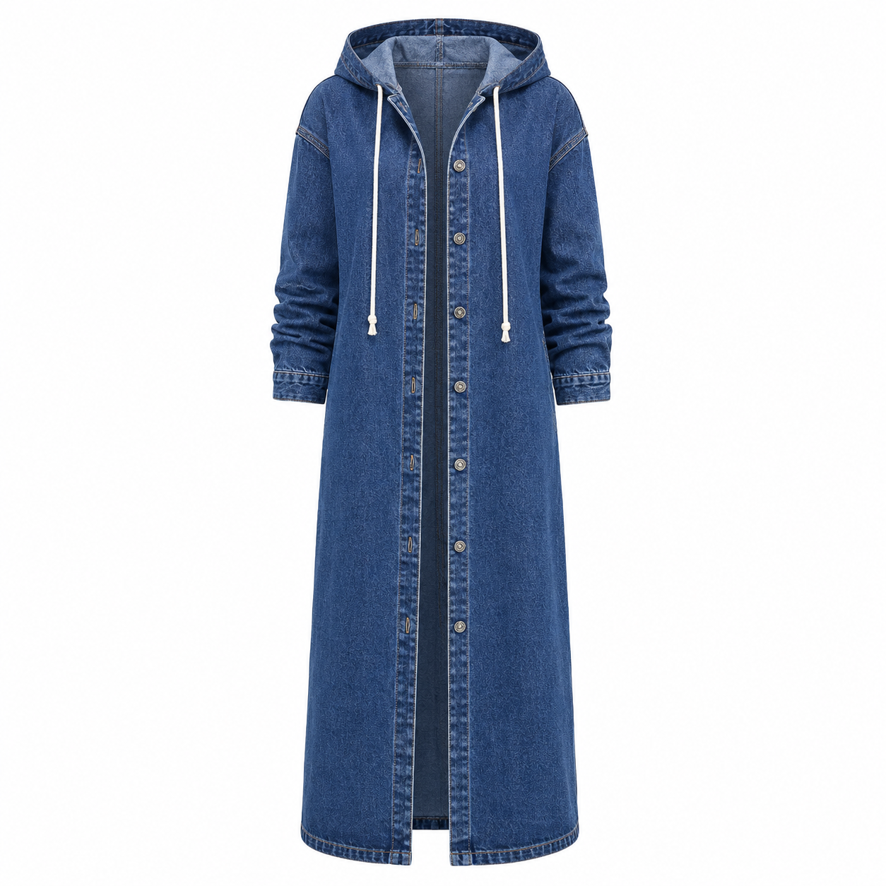 Harriet Weston | Trench-coat long en jean à capuche – Luxe streetwear décontracté