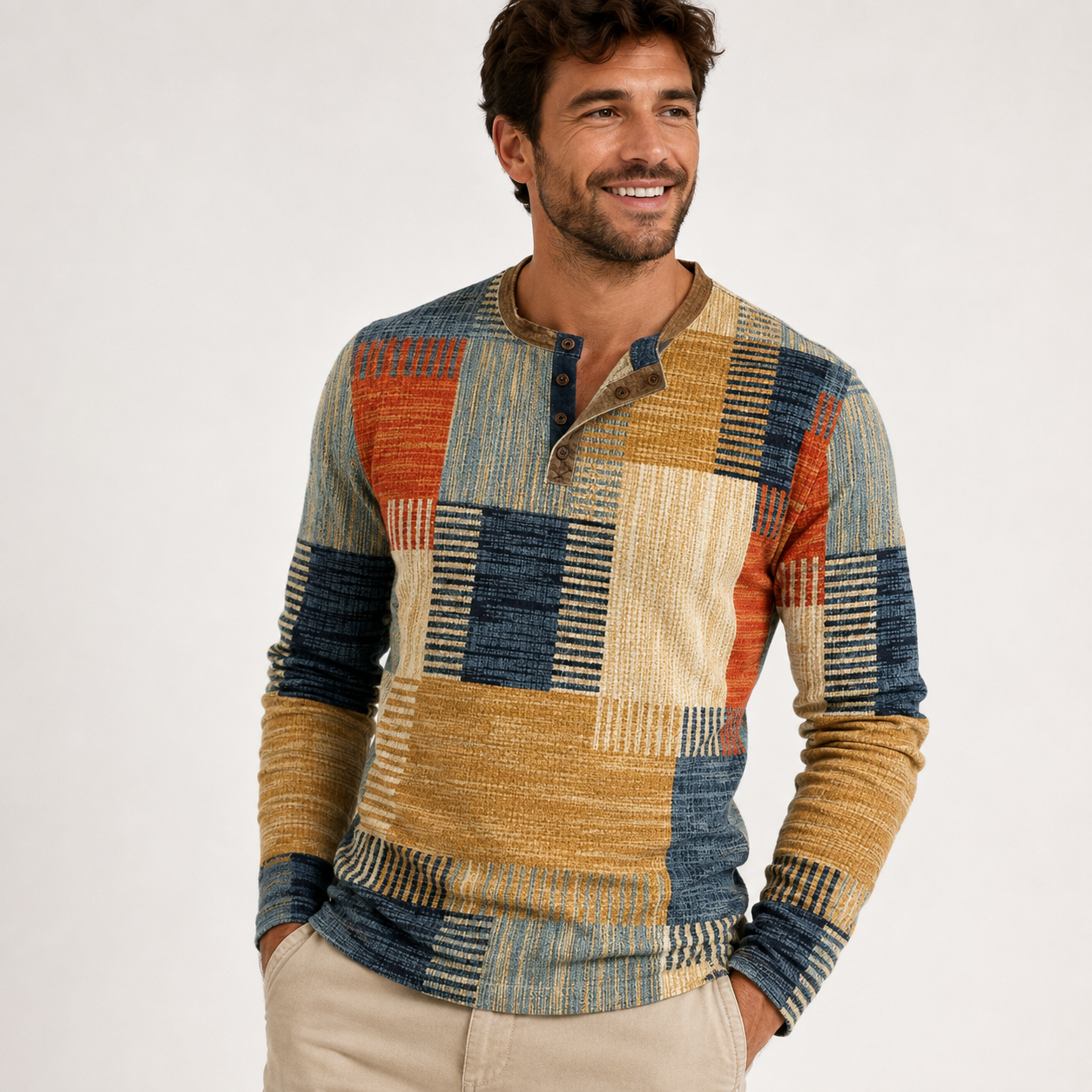 Henry Griffiths | Colorful Geometric Henley Long Sleeve Shirt