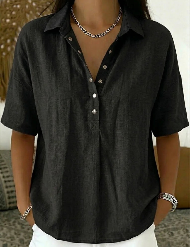 Quinley | Casual Linen Button-Up Collar Shirt in Denim Blue